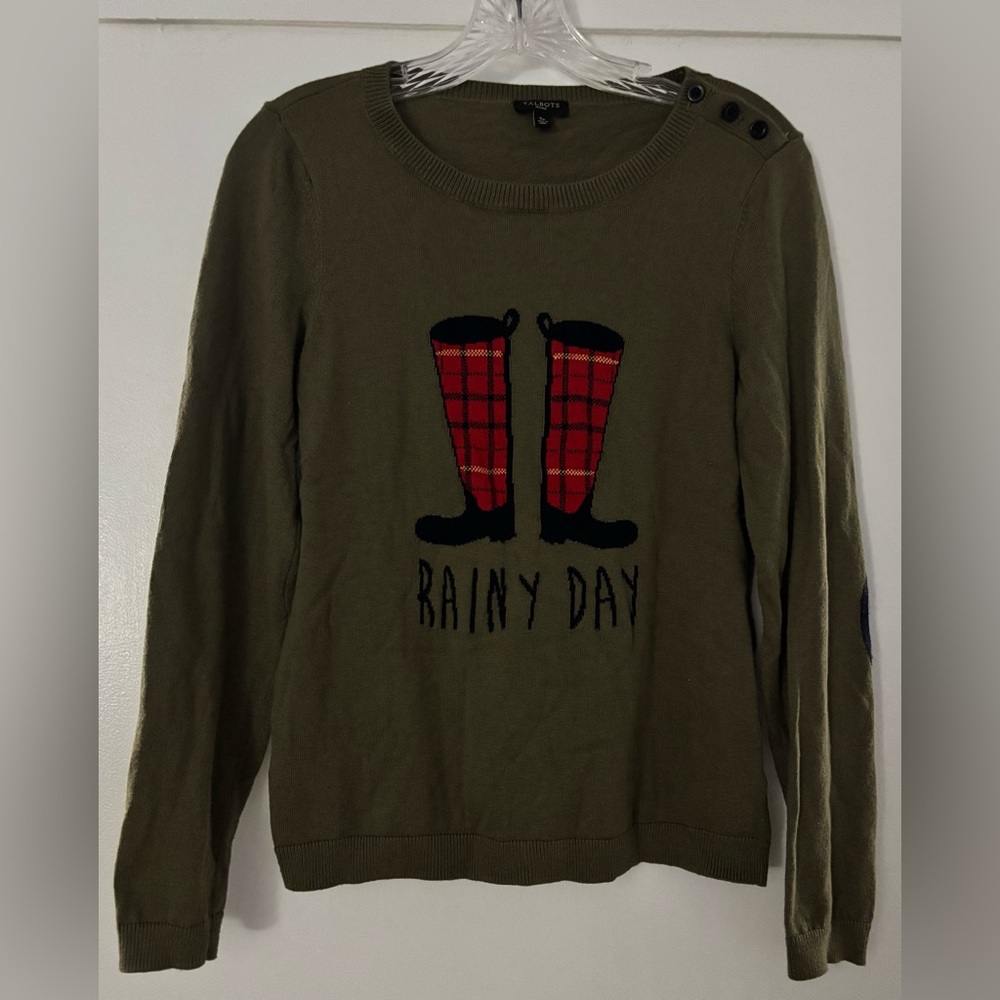 Talbots Olive Sweater with Red Plaid Boot Design Petite Small